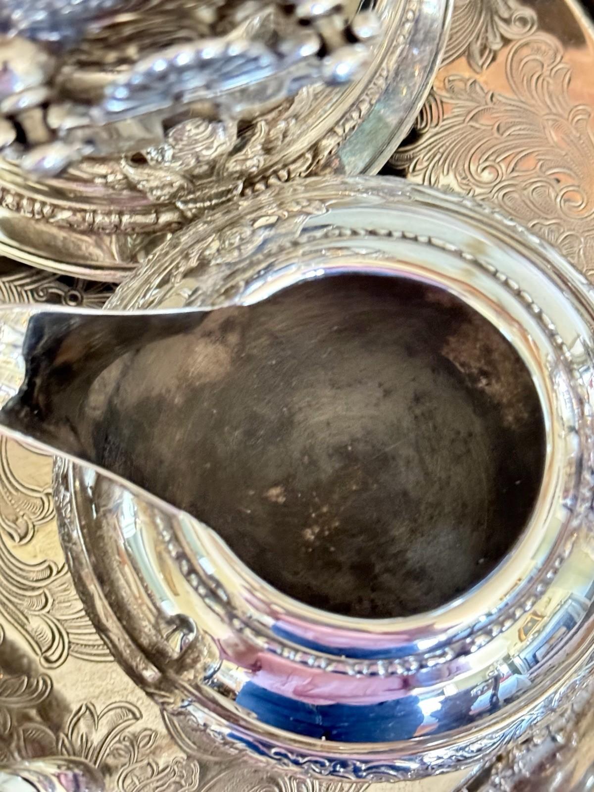 Antique Meriden Silver Plate 6 Pc Tea & Coffee Set + Tray Victorian Quadruple