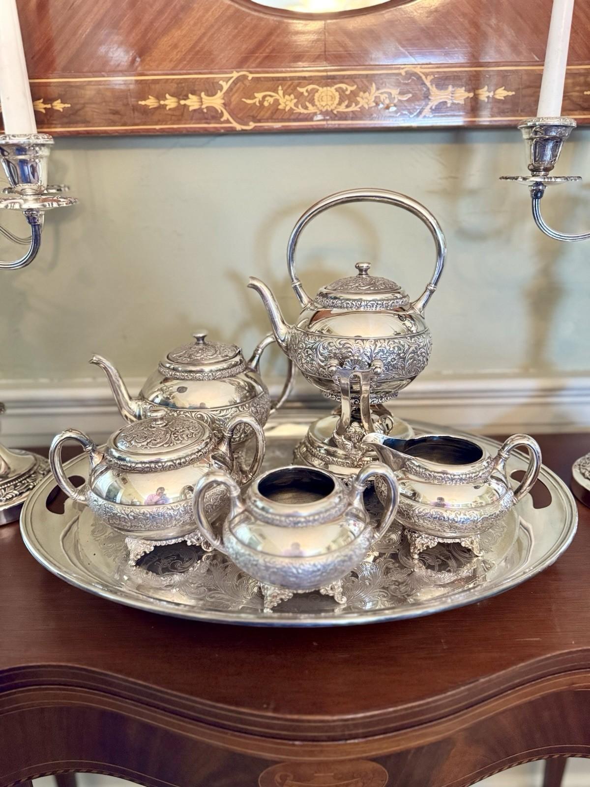 Antique Meriden Silver Plate 6 Pc Tea & Coffee Set + Tray Victorian Quadruple