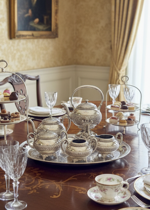 Antique Meriden Silver Plate 6 Pc Tea & Coffee Set + Tray Victorian Quadruple