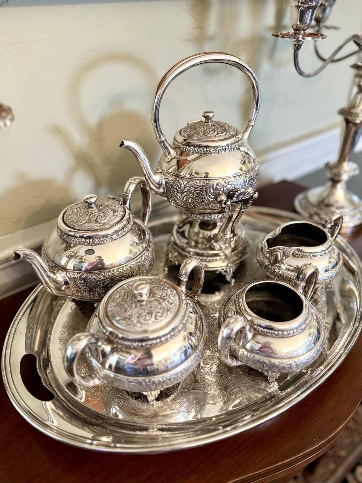 Antique Meriden Silver Plate 6 Pc Tea & Coffee Set + Tray Victorian Quadruple