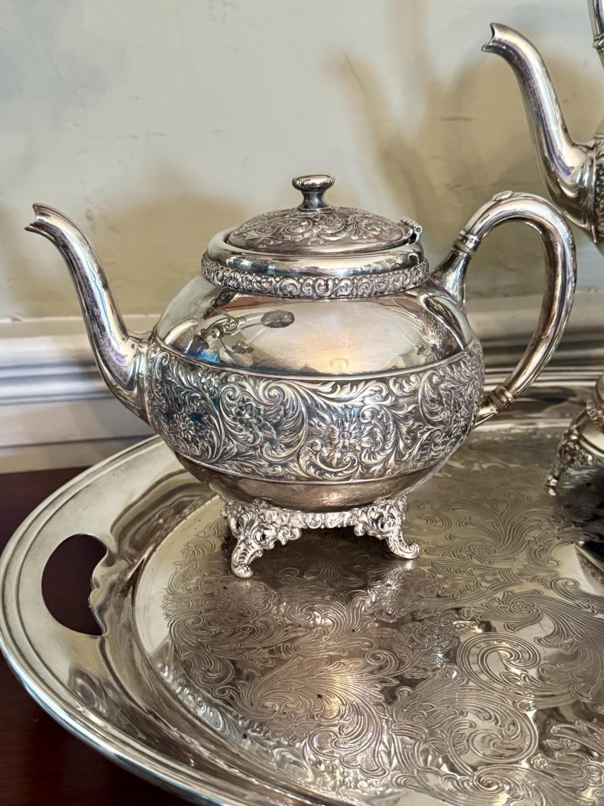 Antique Meriden Silver Plate 6 Pc Tea & Coffee Set + Tray Victorian Quadruple