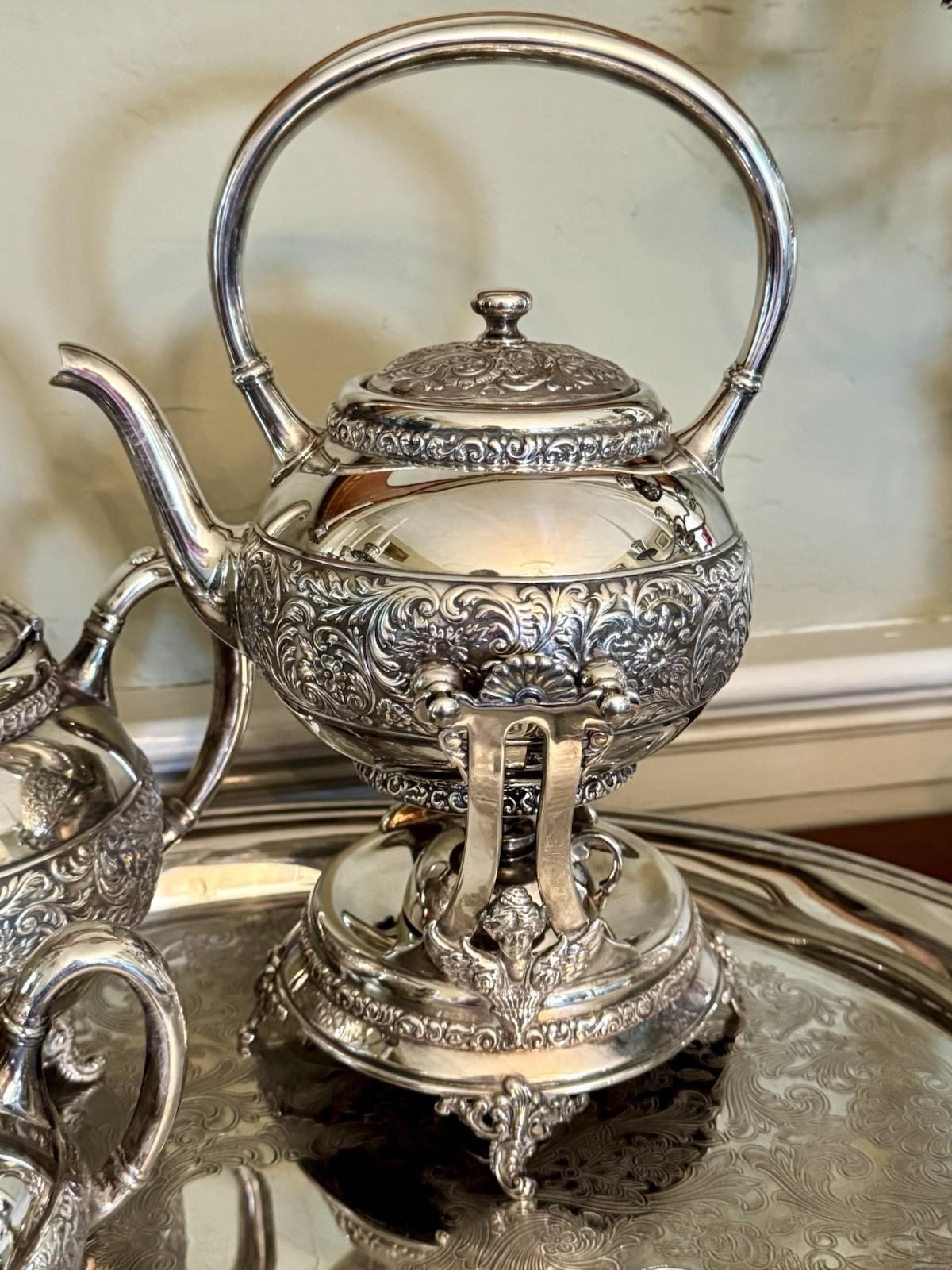Antique Meriden Silver Plate 6 Pc Tea & Coffee Set + Tray Victorian Quadruple