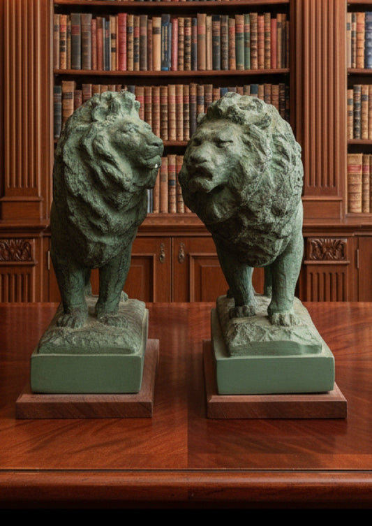 Pair Vintage Bookends Cast Metal Lions Wood Base 9”h Verdigris Finish Opposing