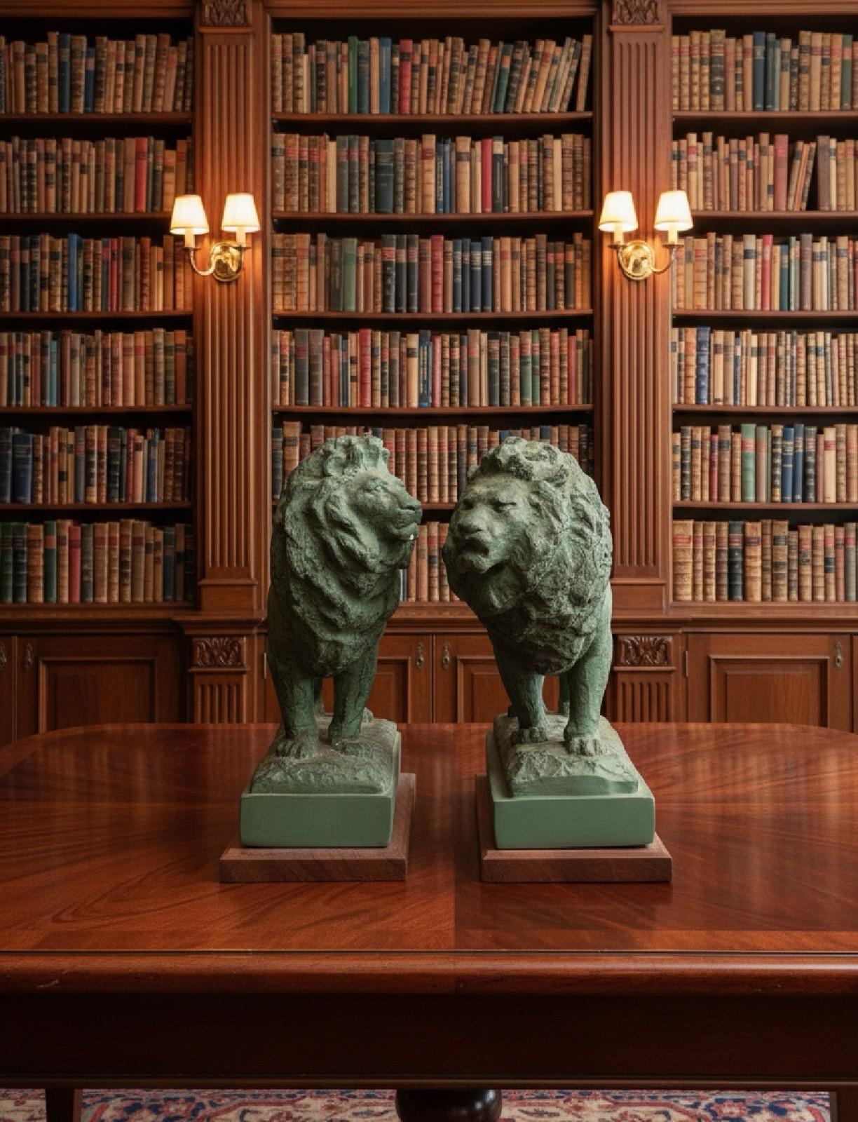Pair Vintage Bookends Cast Metal Lions Wood Base 9”h Verdigris Finish Opposing