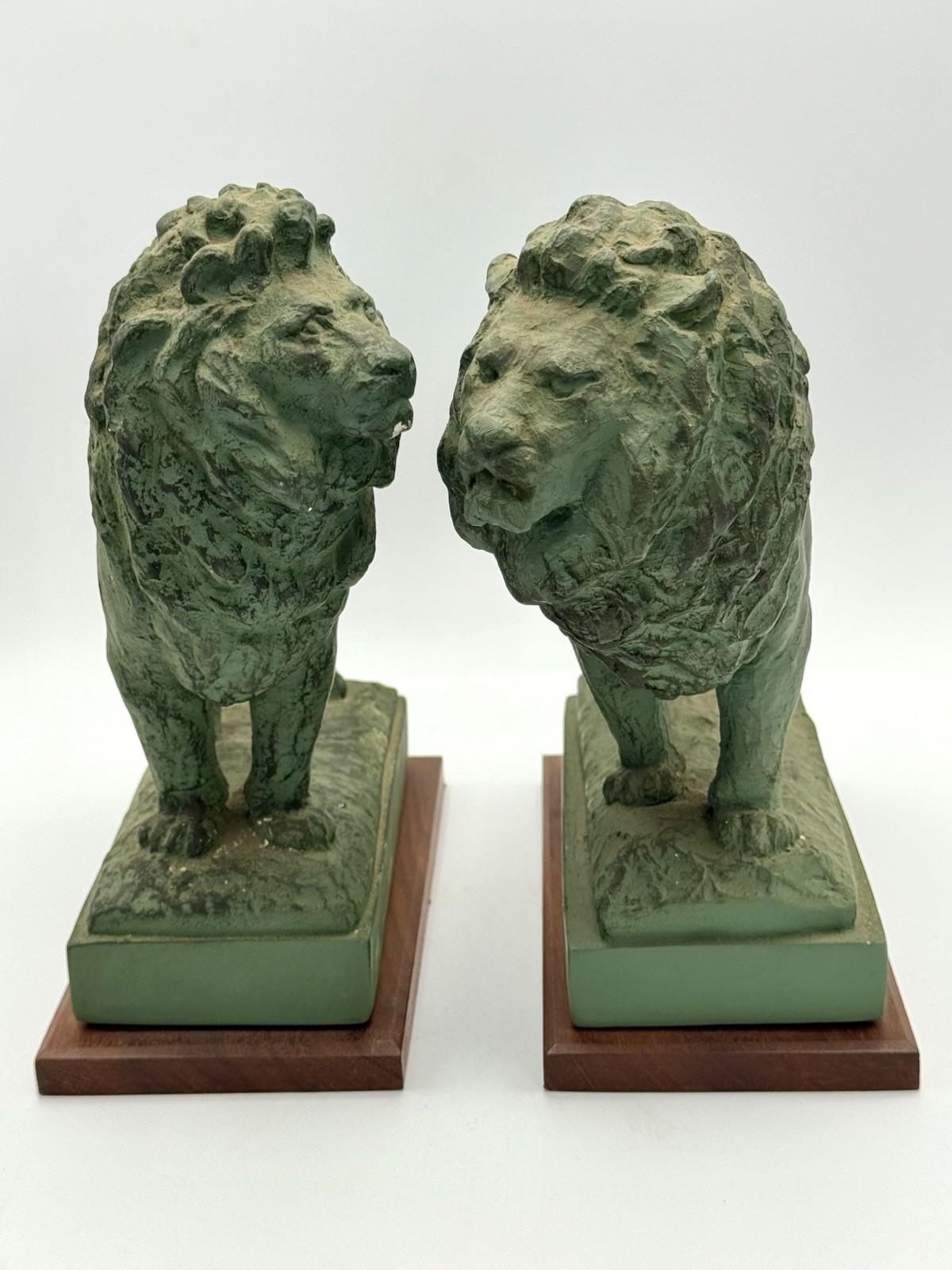 Pair Vintage Bookends Cast Metal Lions Wood Base 9”h Verdigris Finish Opposing