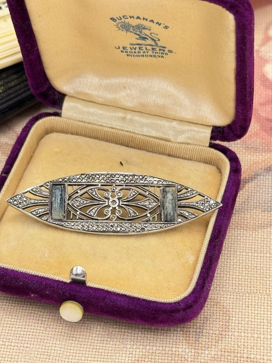 Art Deco Silver Marcasite Brooch Blue Stone 1920s French Filigree Tested