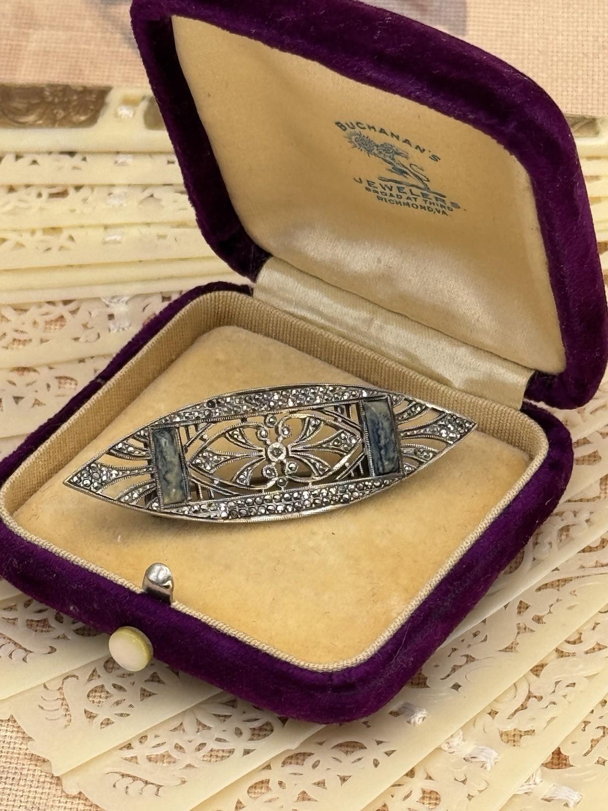 Art Deco Silver Marcasite Brooch Blue Stone 1920s French Filigree Tested