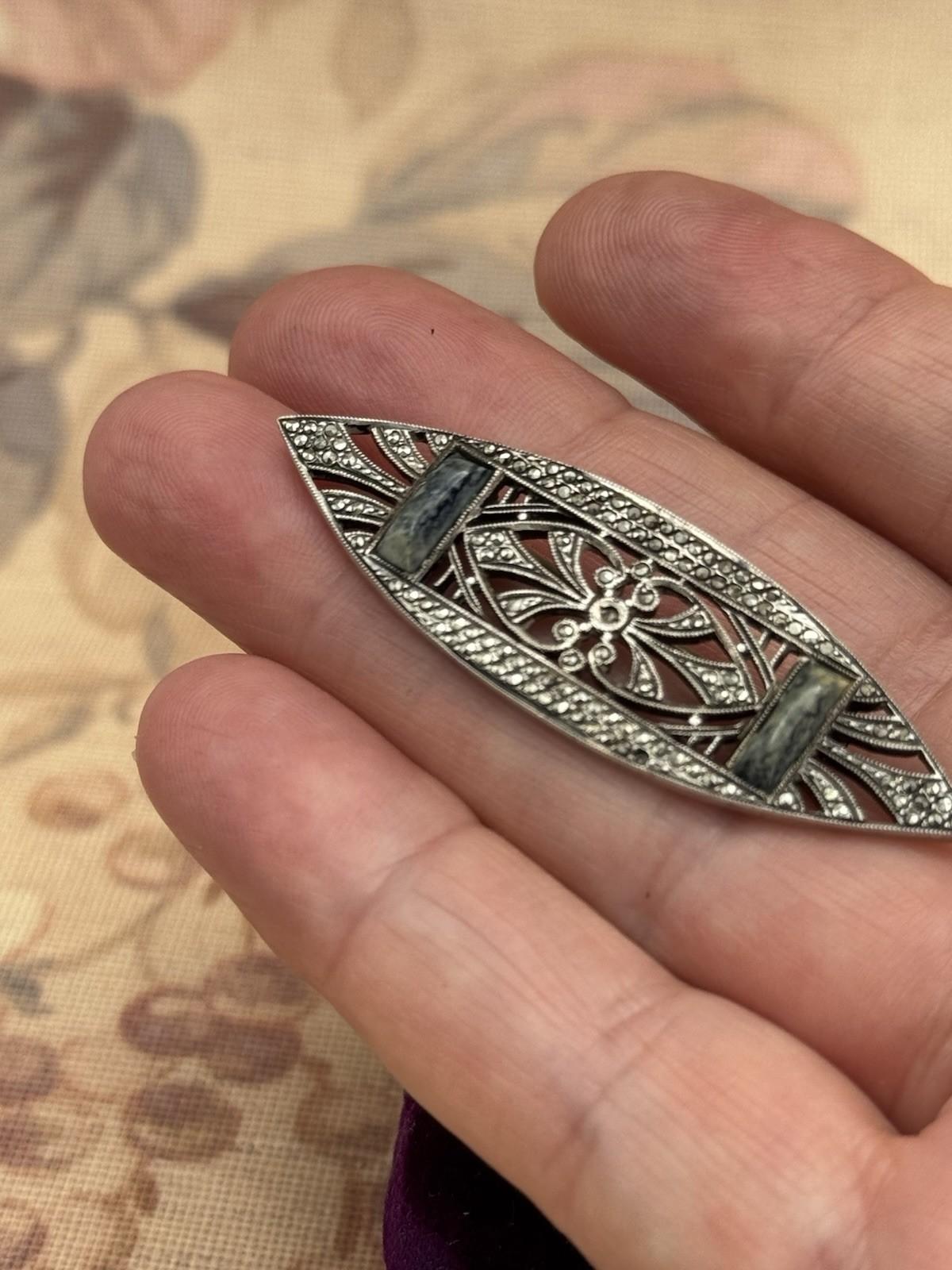 Art Deco Silver Marcasite Brooch Blue Stone 1920s French Filigree Tested