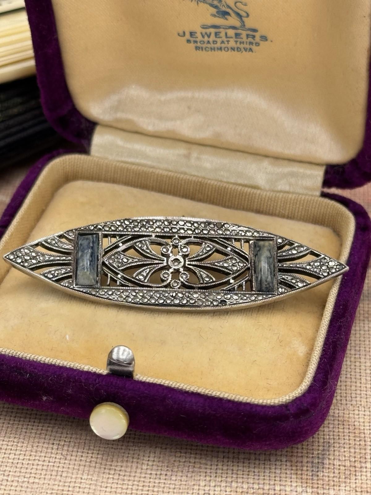 Art Deco Silver Marcasite Brooch Blue Stone 1920s French Filigree Tested