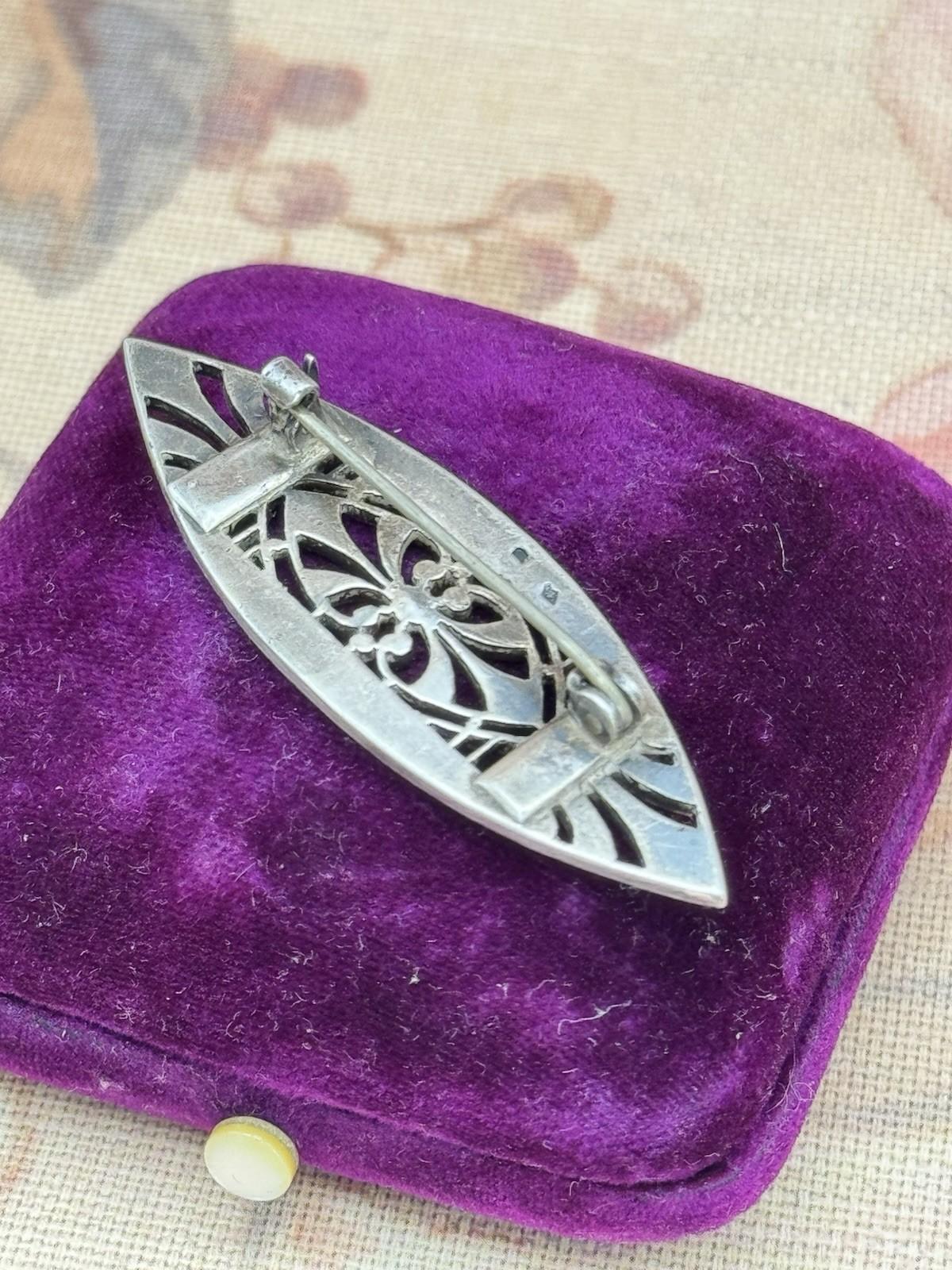 Art Deco Silver Marcasite Brooch Blue Stone 1920s French Filigree Tested