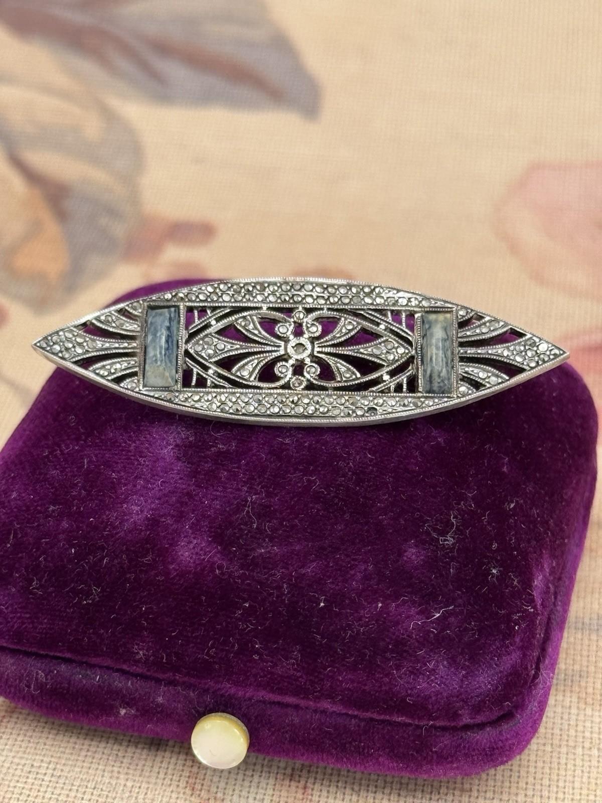 Art Deco Silver Marcasite Brooch Blue Stone 1920s French Filigree Tested