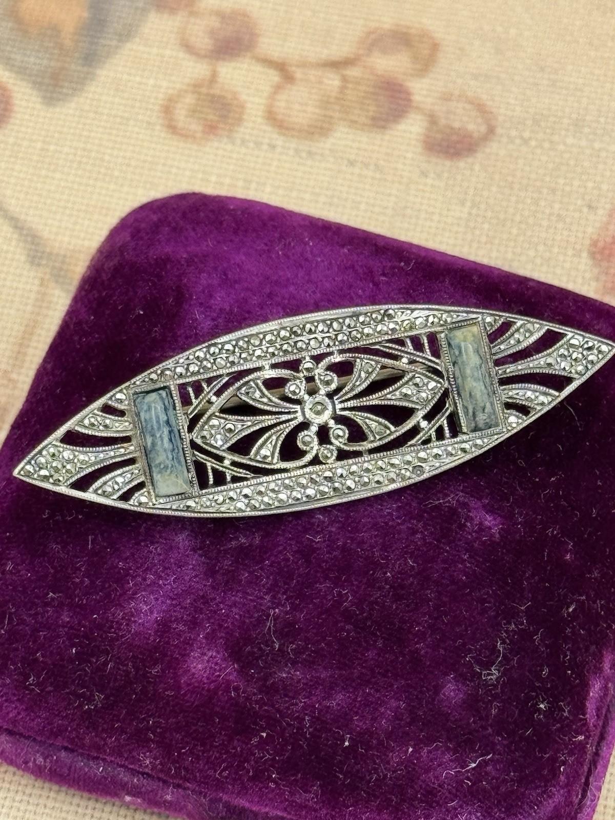Art Deco Silver Marcasite Brooch Blue Stone 1920s French Filigree Tested