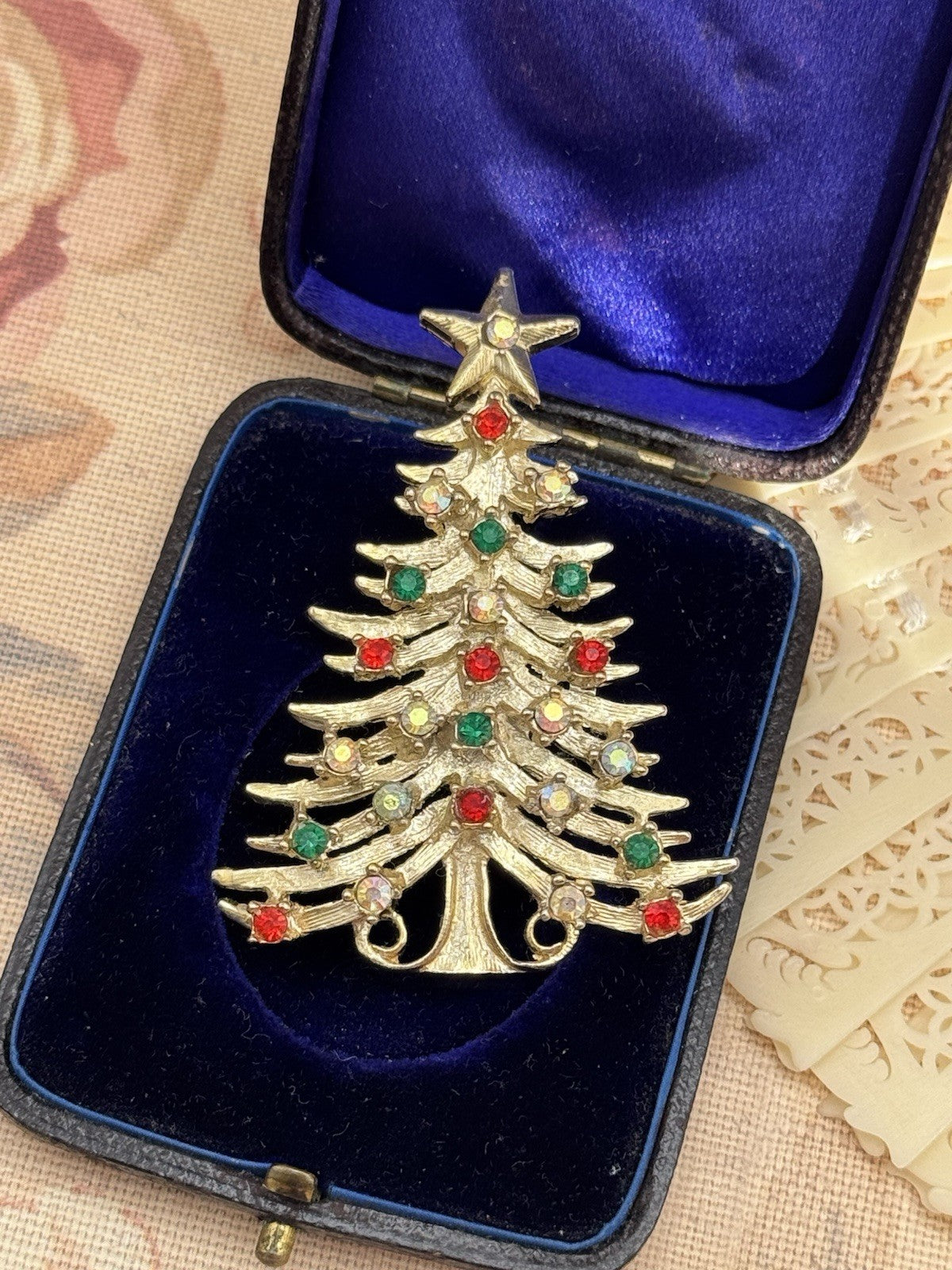 Vintage Tancer II Christmas Tree Brooch Goldtone Rhinestone Signed 2.5”