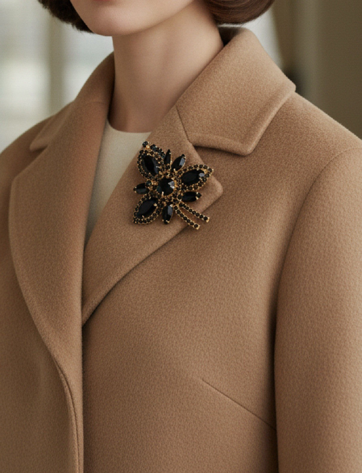 Vintage Black Rhinestone Brooch Juliana Style Floral Spray Gold Tone 2.6in