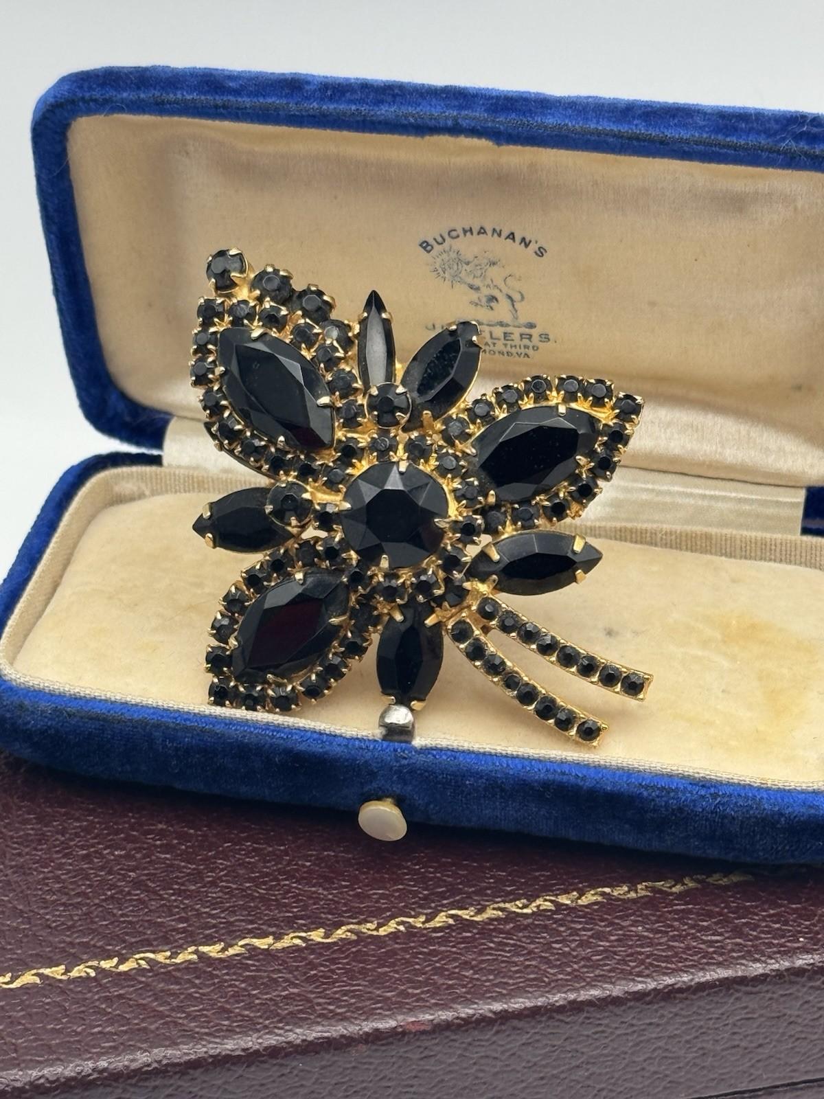 Vintage Black Rhinestone Brooch Juliana Style Floral Spray Gold Tone 2.6in
