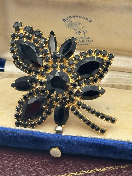Vintage Black Rhinestone Brooch Juliana Style Floral Spray Gold Tone 2.6in