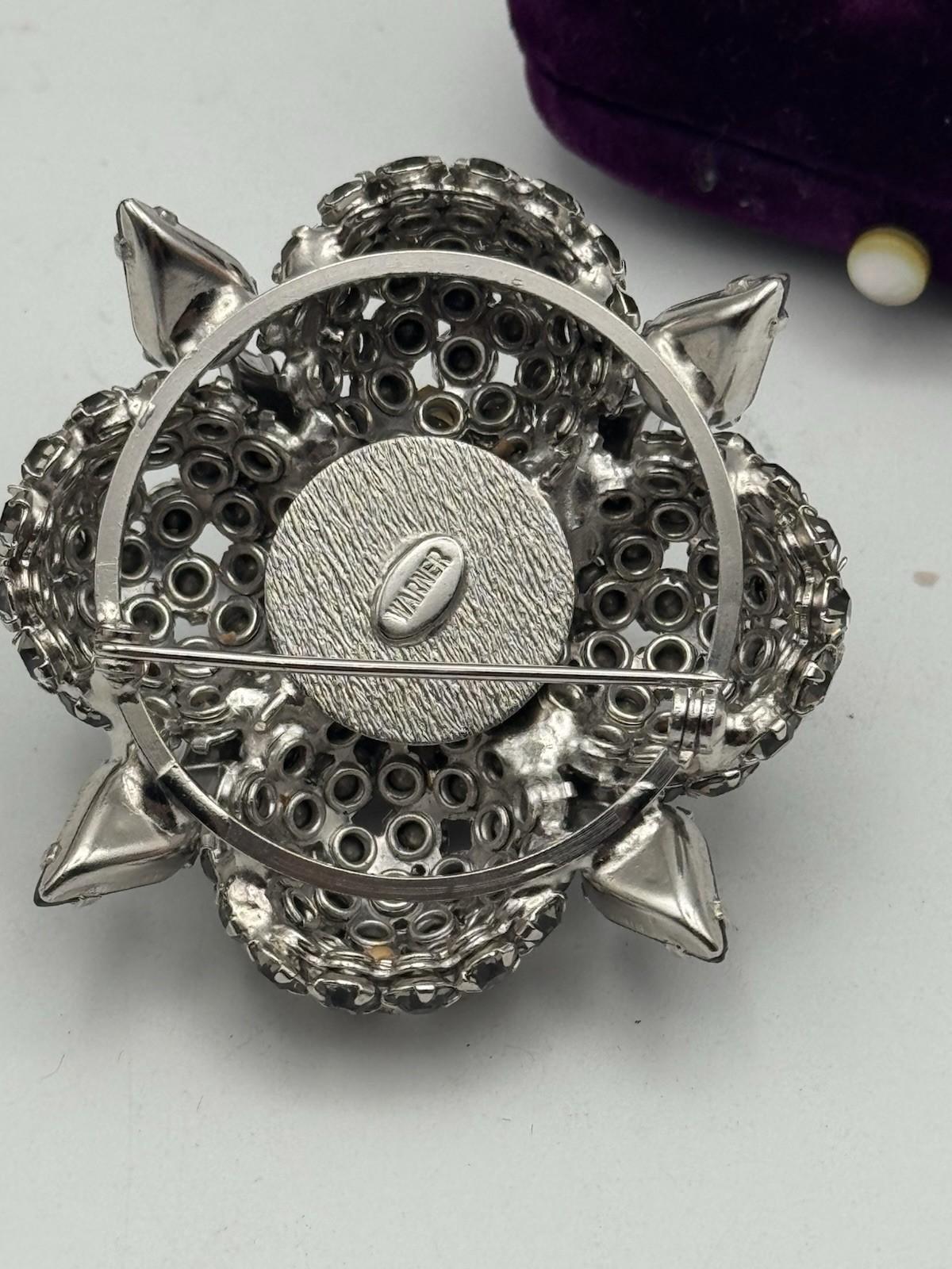 WARNER Rhinestone Brooch Domed 3D Cluster Pear Navette Stones SIGNED