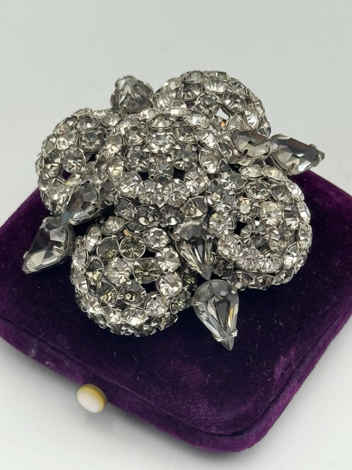 WARNER Rhinestone Brooch Domed 3D Cluster Pear Navette Stones SIGNED