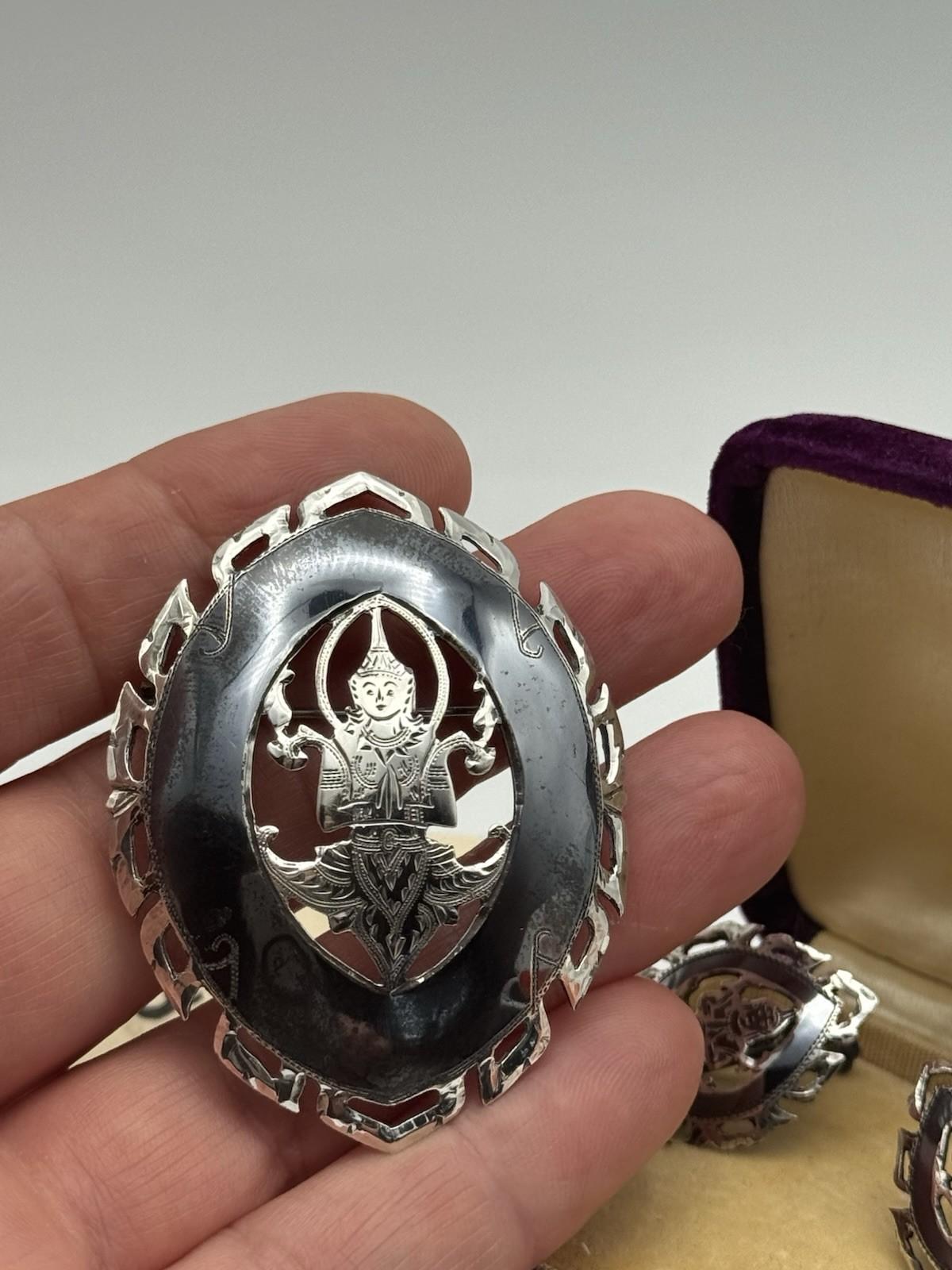 SIAM Sterling Niello Brooch & Screwback Earrings Set