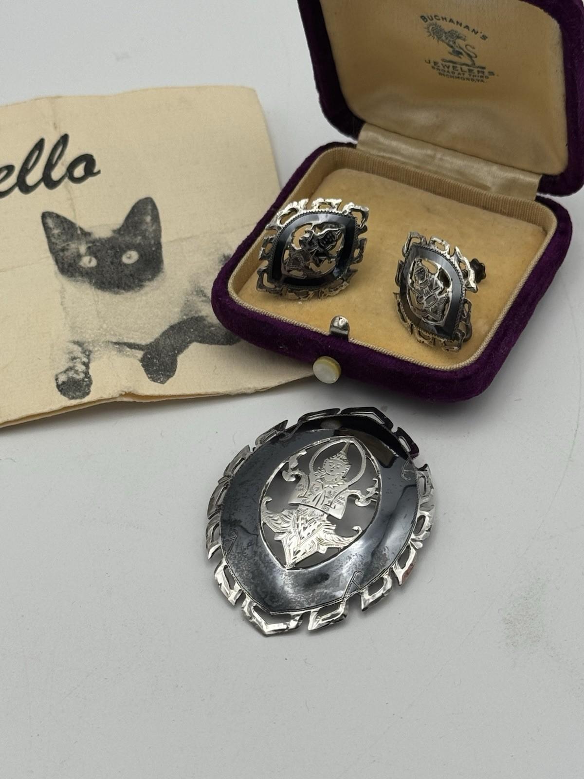 SIAM Sterling Niello Brooch & Screwback Earrings Set