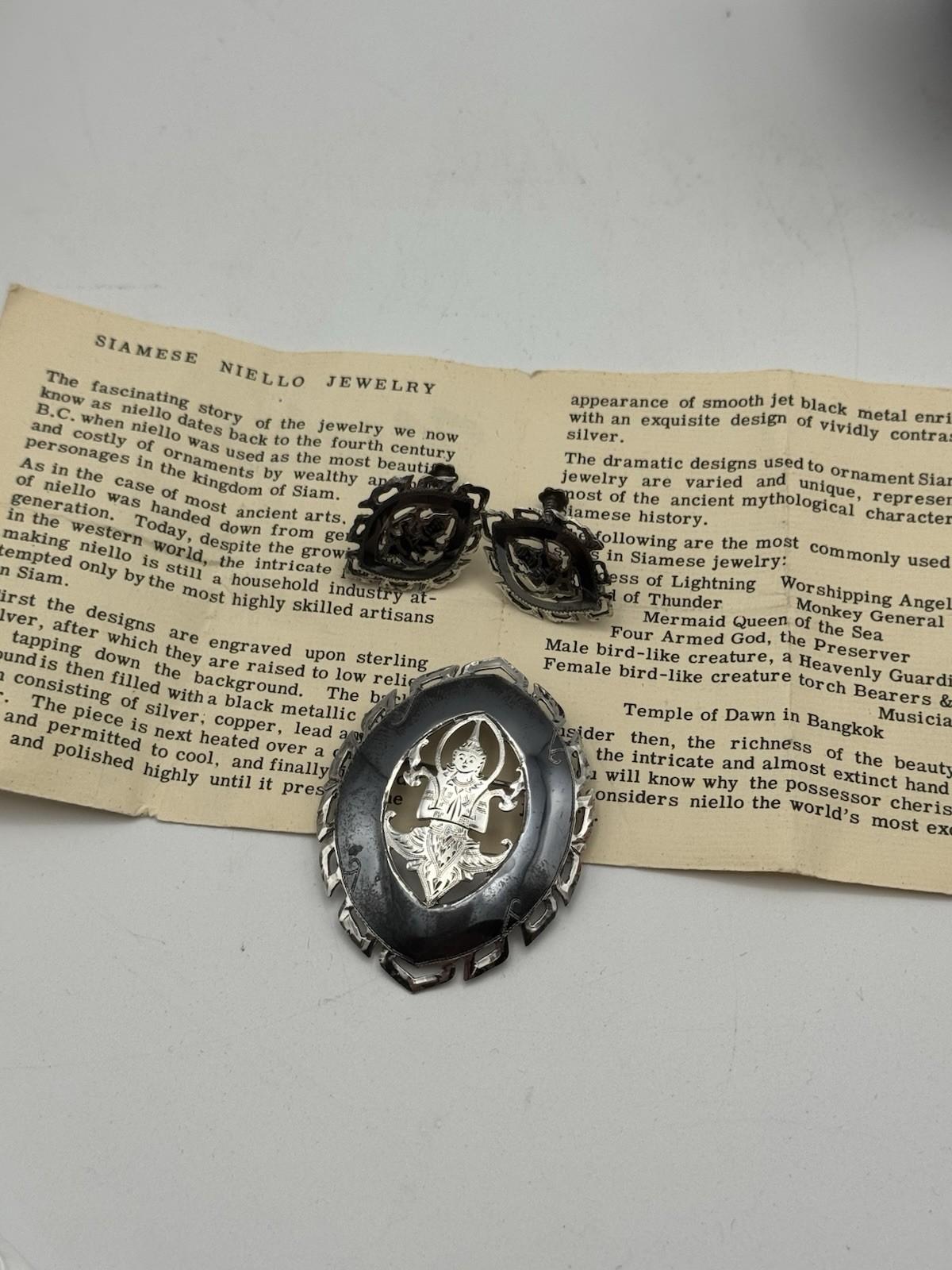 SIAM Sterling Niello Brooch & Screwback Earrings Set