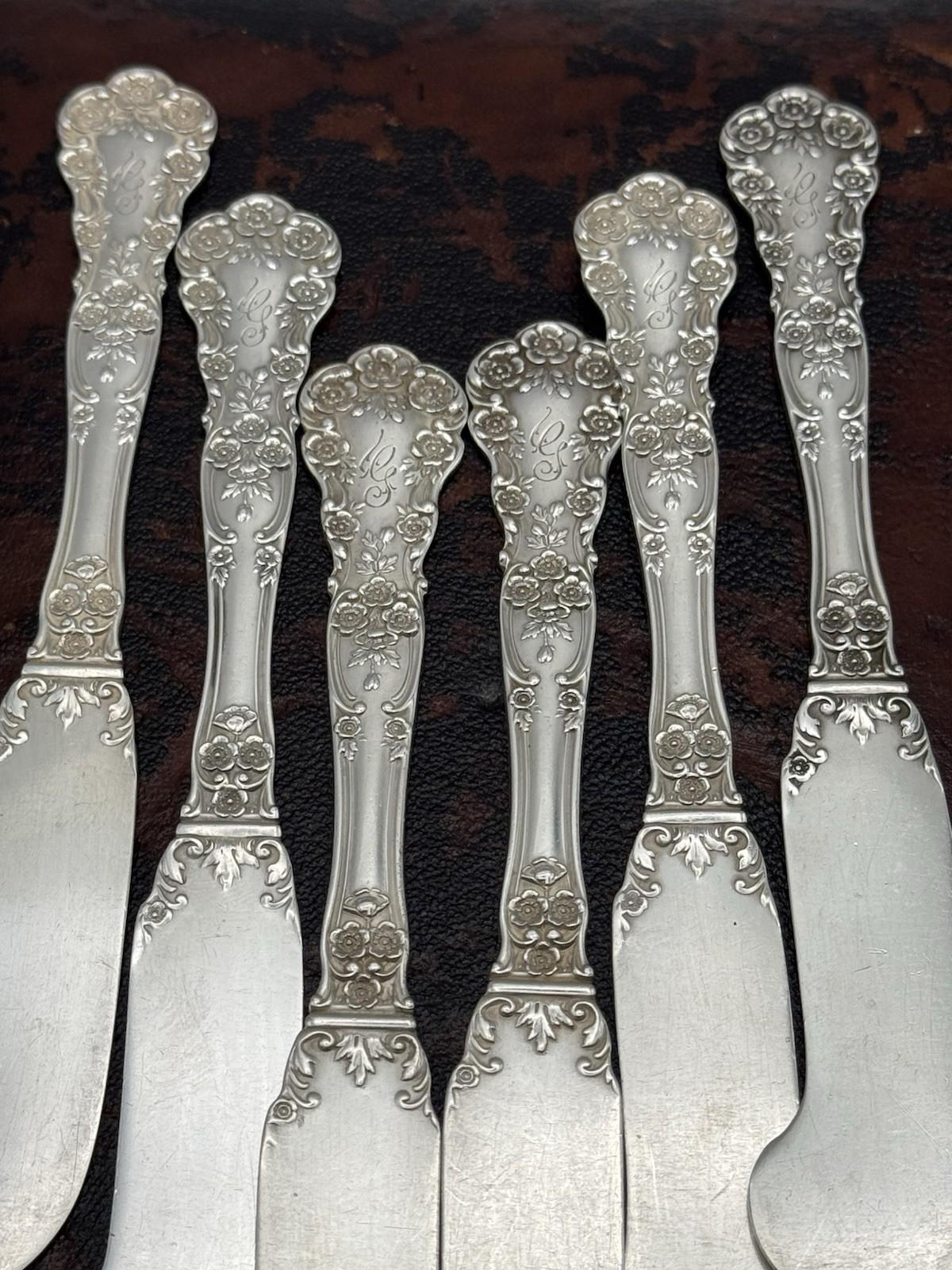 6 Sterling Gorham Buttercup Butter Knives Spreaders Pat 1900 Mono G - 142.6g
