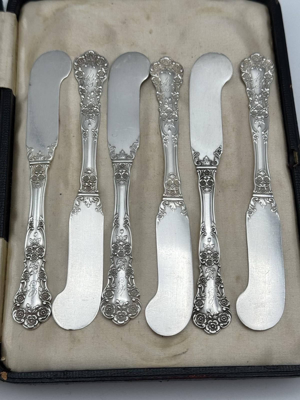 6 Sterling Gorham Buttercup Butter Knives Spreaders Pat 1900 Mono G - 142.6g