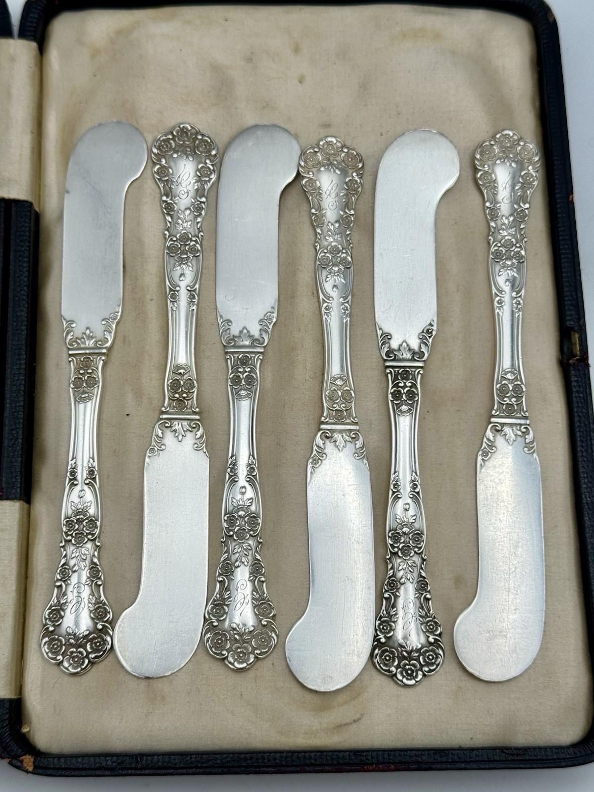 6 Sterling Gorham Buttercup Butter Knives Spreaders Pat 1900 Mono G - 142.6g
