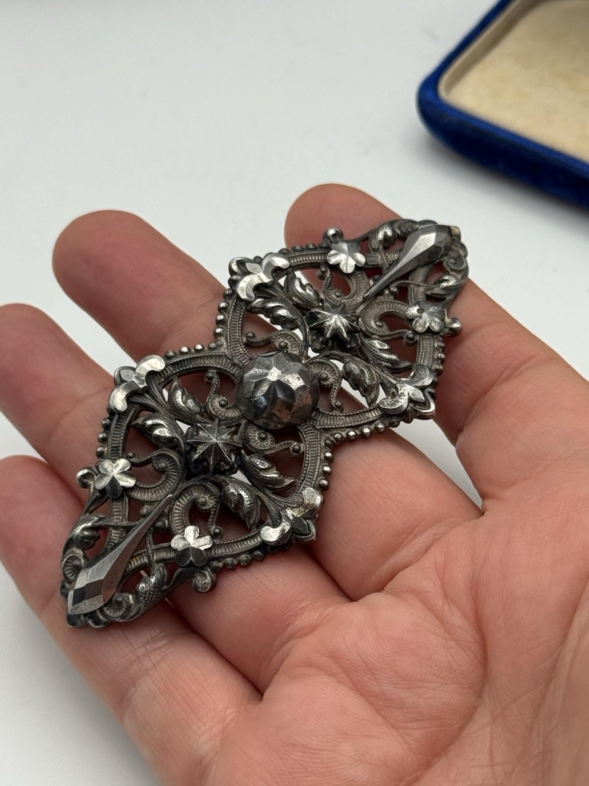 Victorian Buckle Sash/Slide Style Cut Steel Floral 3.5 x 1.5 Antique