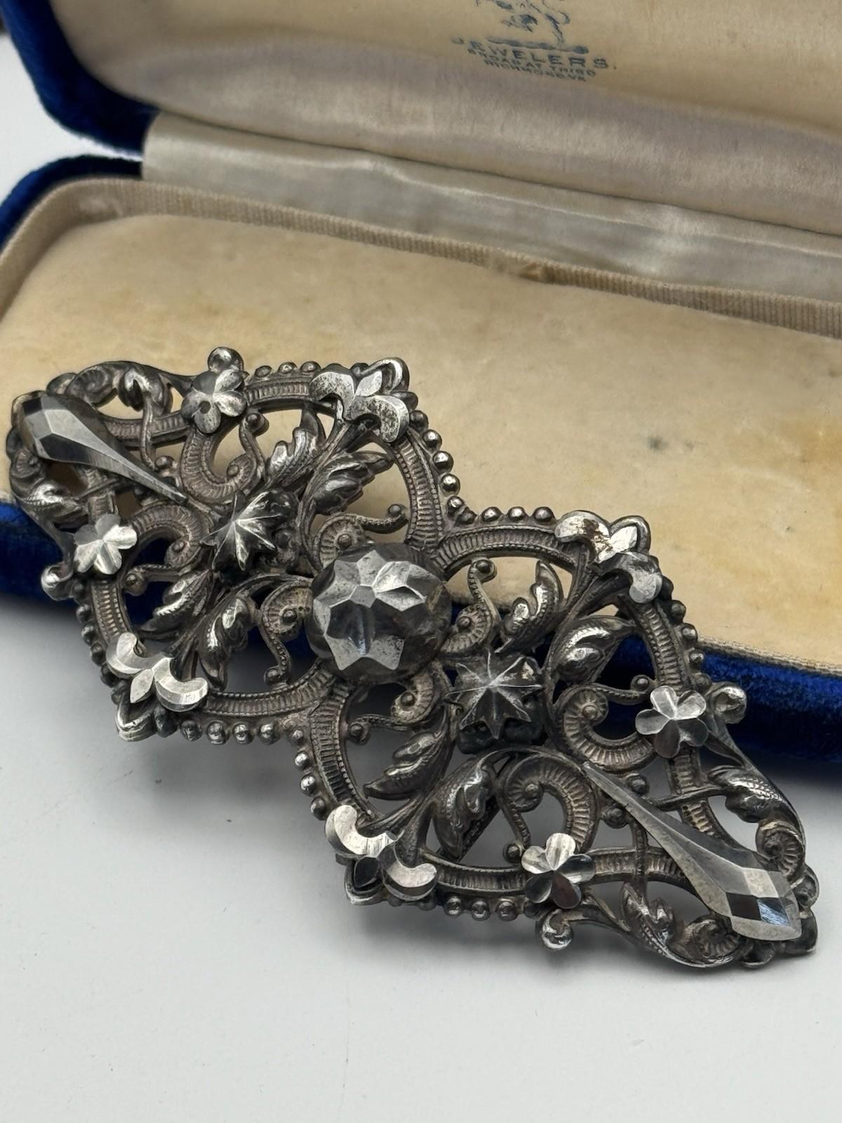 Victorian Buckle Sash/Slide Style Cut Steel Floral 3.5 x 1.5 Antique