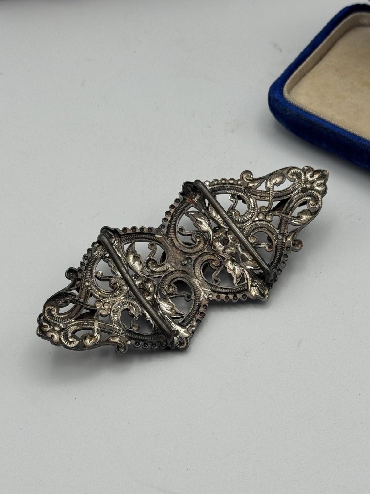 Victorian Buckle Sash/Slide Style Cut Steel Floral 3.5 x 1.5 Antique