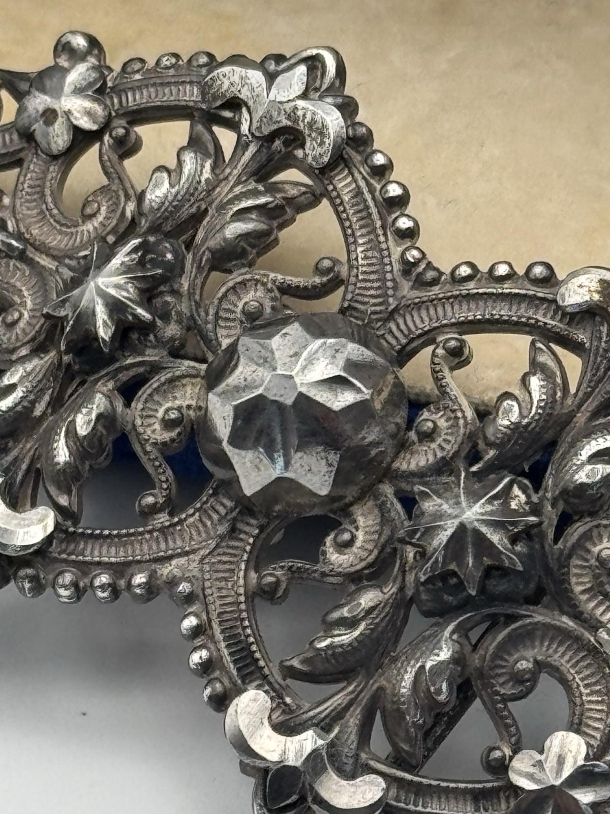 Victorian Buckle Sash/Slide Style Cut Steel Floral 3.5 x 1.5 Antique