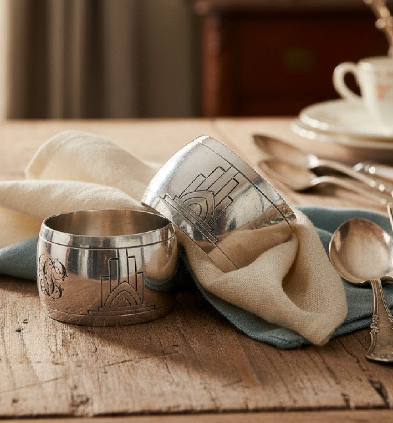 Antique Silverplate Napkin Ring Pair – Engraved Monogram, 1.75” d