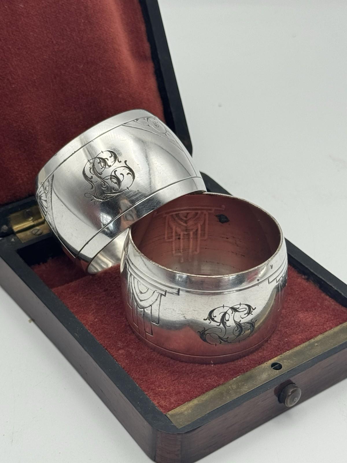 Antique Silverplate Napkin Ring Pair – Engraved Monogram, 1.75” d
