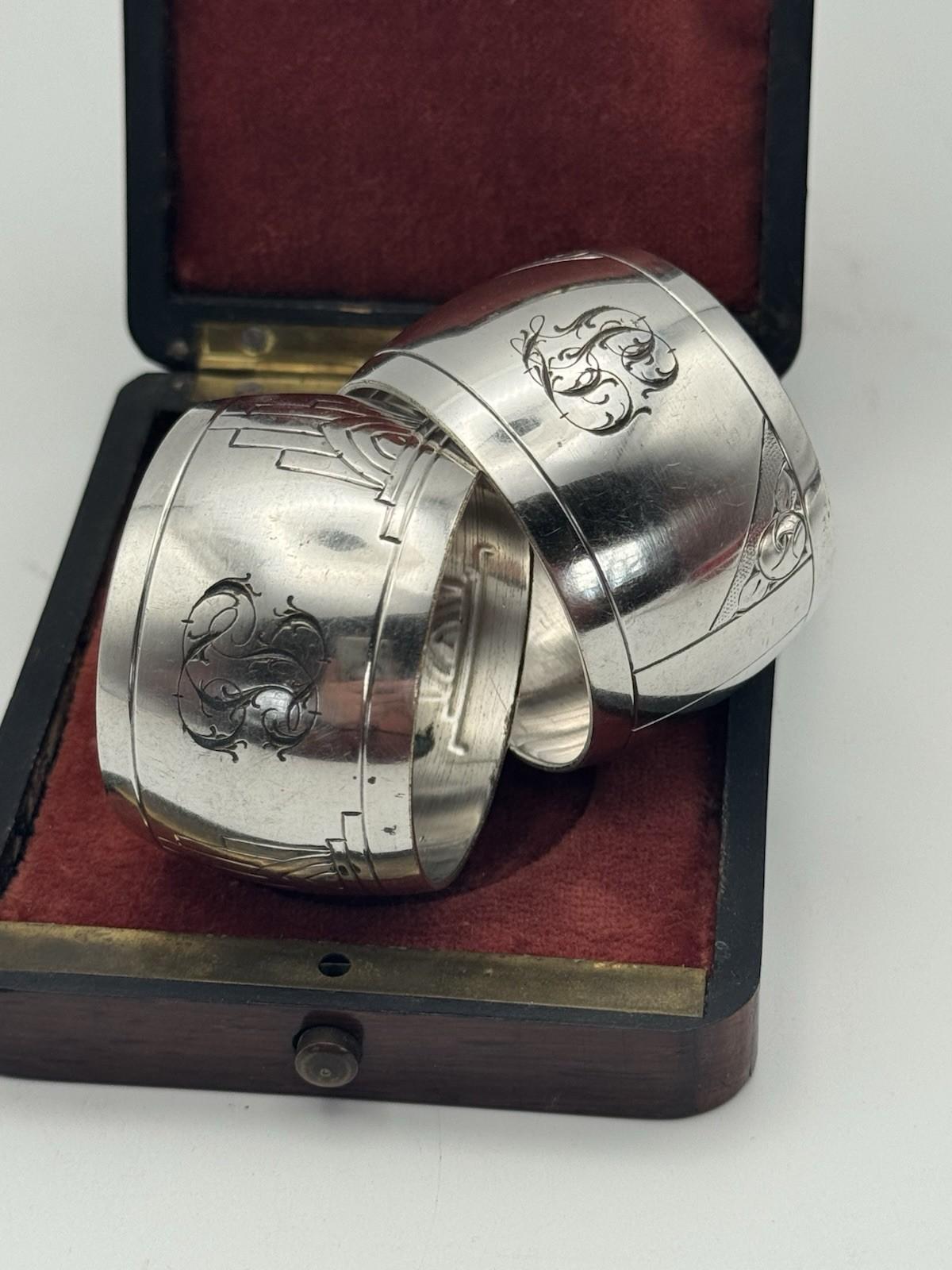 Antique Silverplate Napkin Ring Pair – Engraved Monogram, 1.75” d