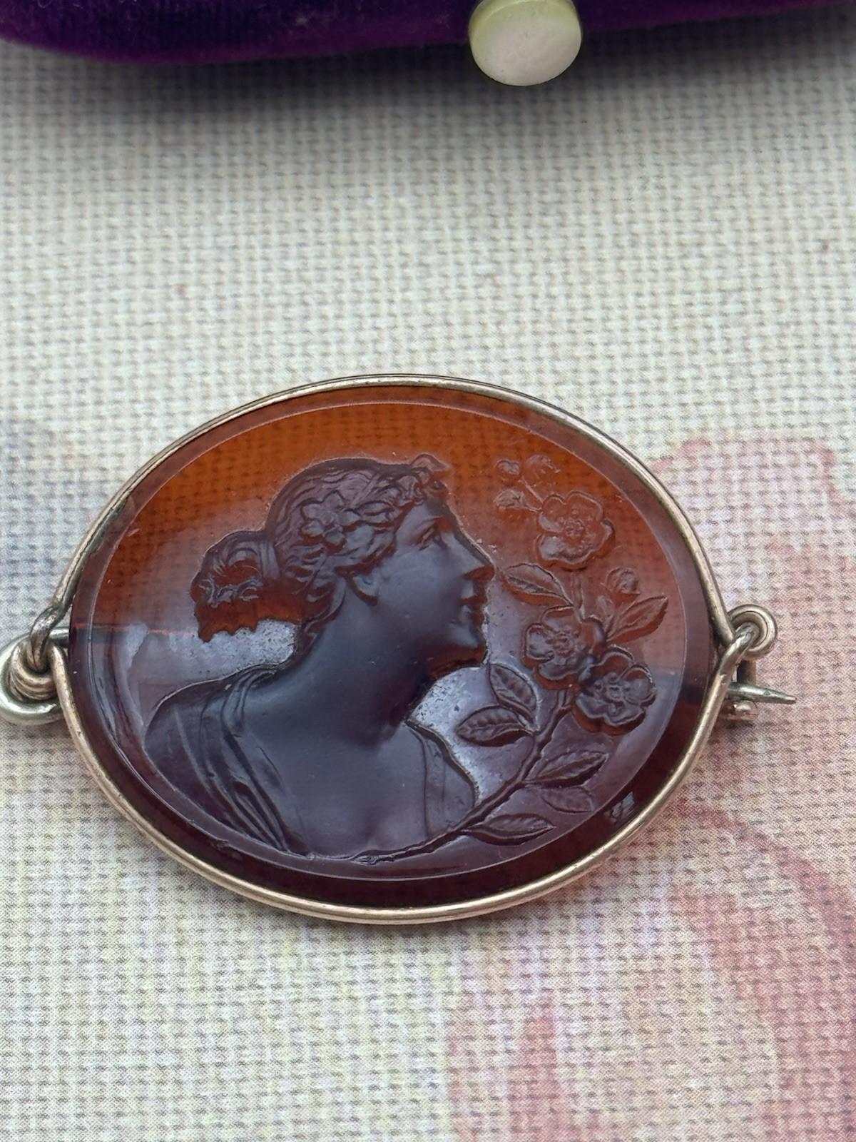 Antique Resin Intaglio Cameo Brooch Gold Filled Frame 1.5” x 1”