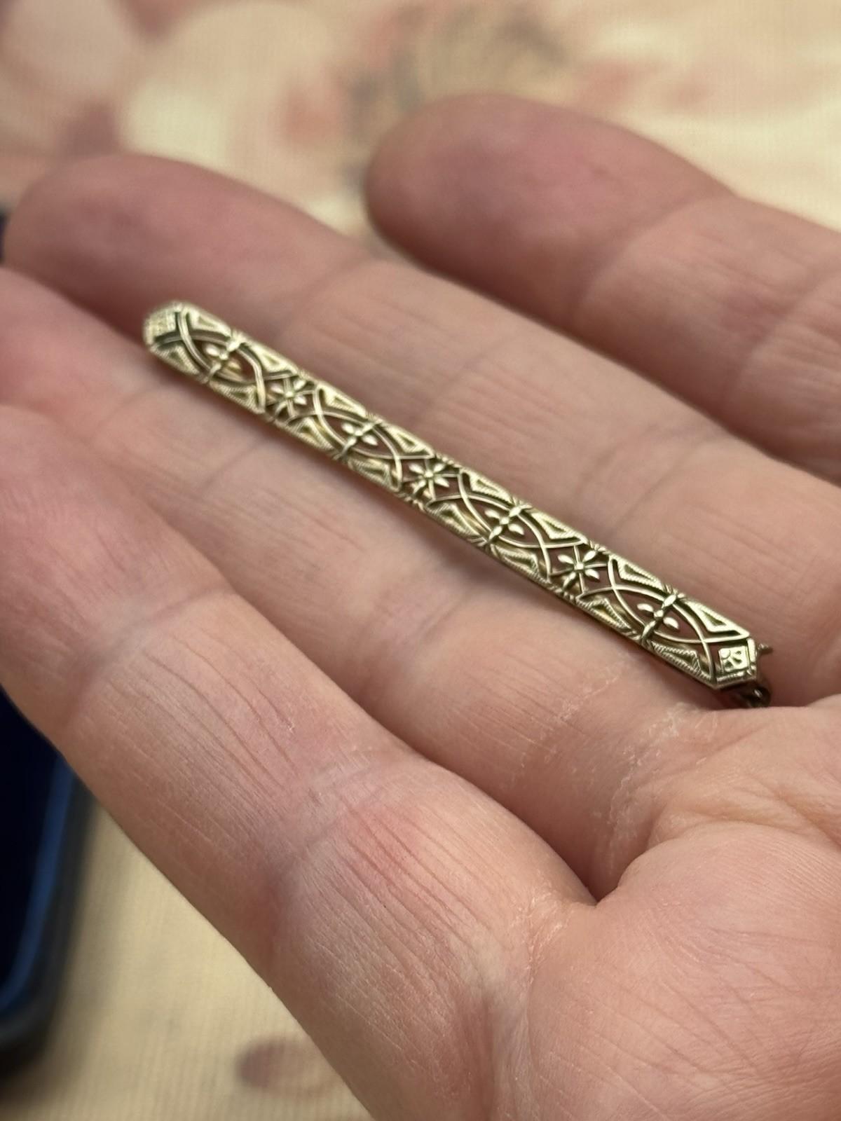 Antique 14K Gold Filigree Bar Brooch Pin Circa 1910-20 2” 2.3g