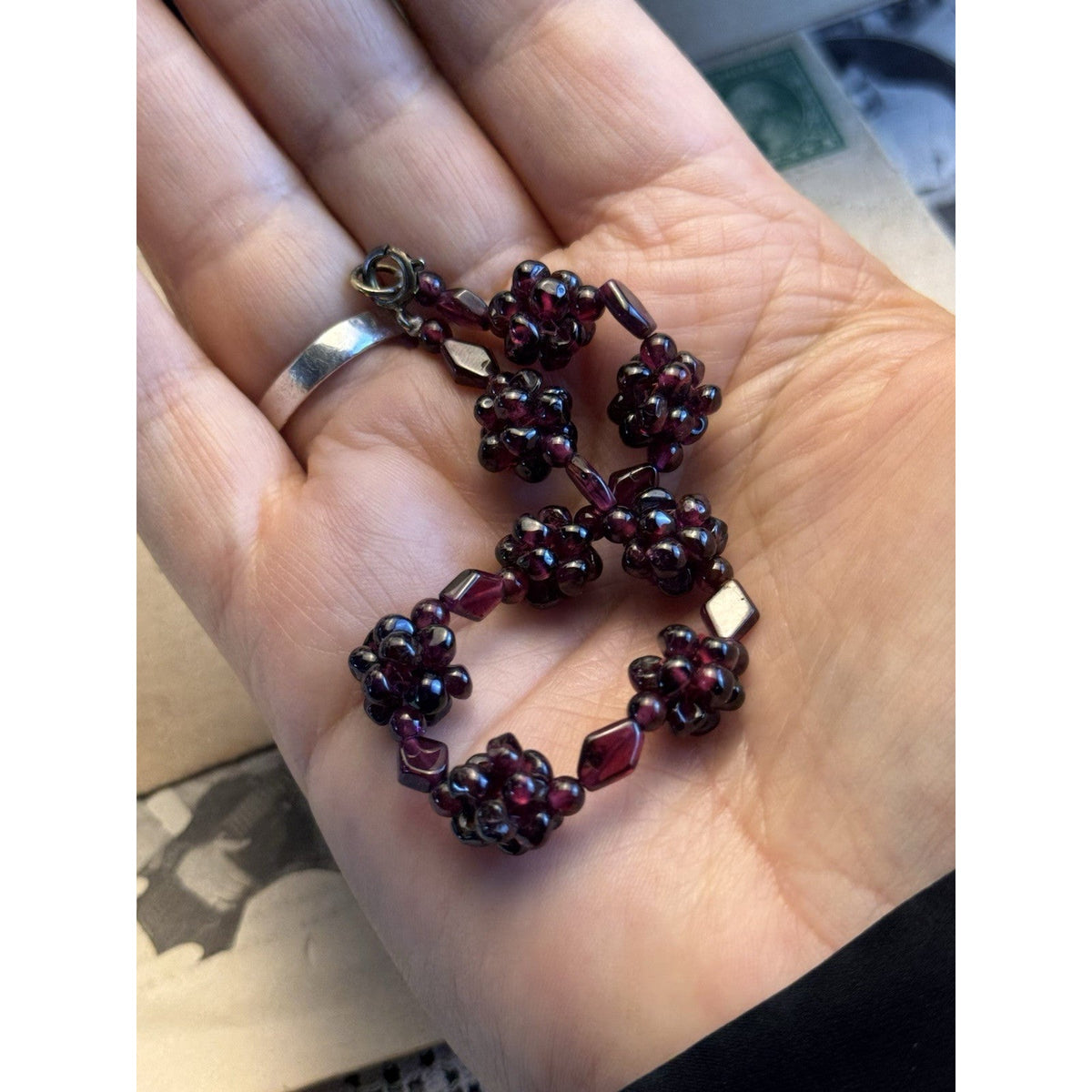 Garnet Bead Bracelet Flower Clusters Deep Red Shaped Beads 6.75”