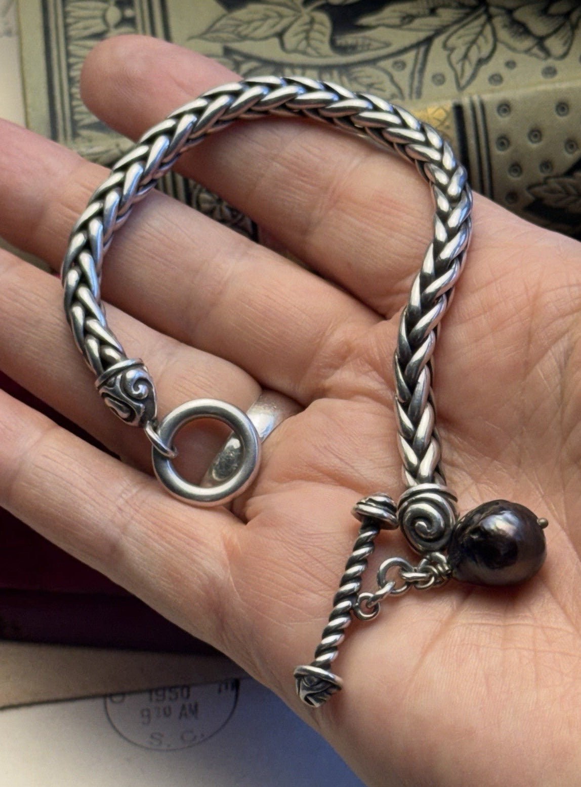 ZINA Sterling Bracelet Braided Chain 925 Toggle Black Baroque Pearl 6.75”