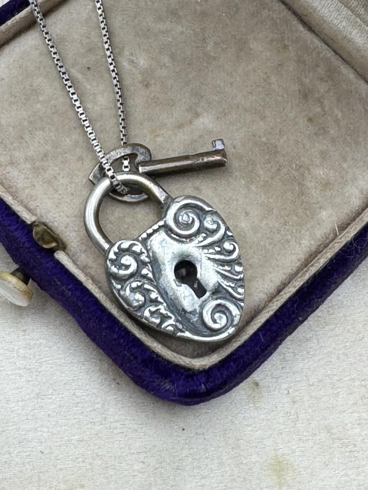 Antique Victorian Sterling Heart Padlock Locket Key 19” Sterling Chain Necklace