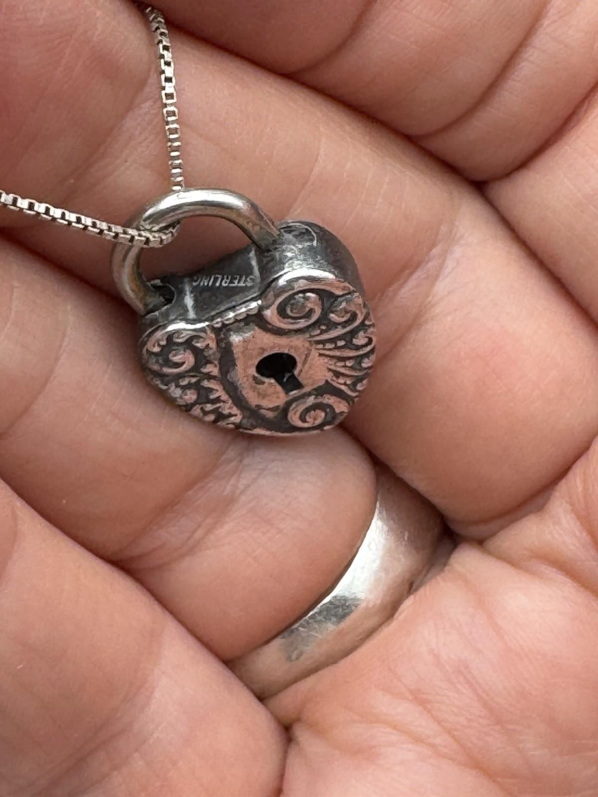 Antique Victorian Sterling Heart Padlock Locket Key 19” Sterling Chain Necklace