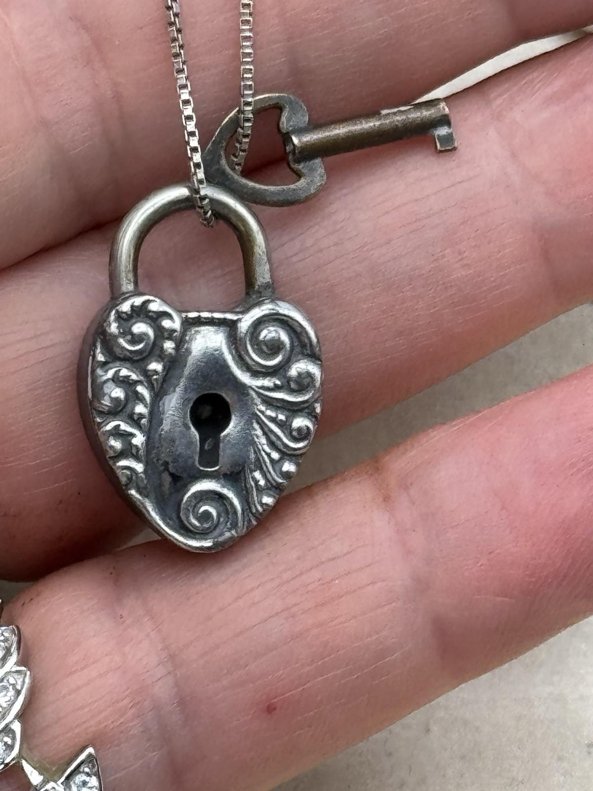 Antique Victorian Sterling Heart Padlock Locket Key 19” Sterling Chain Necklace