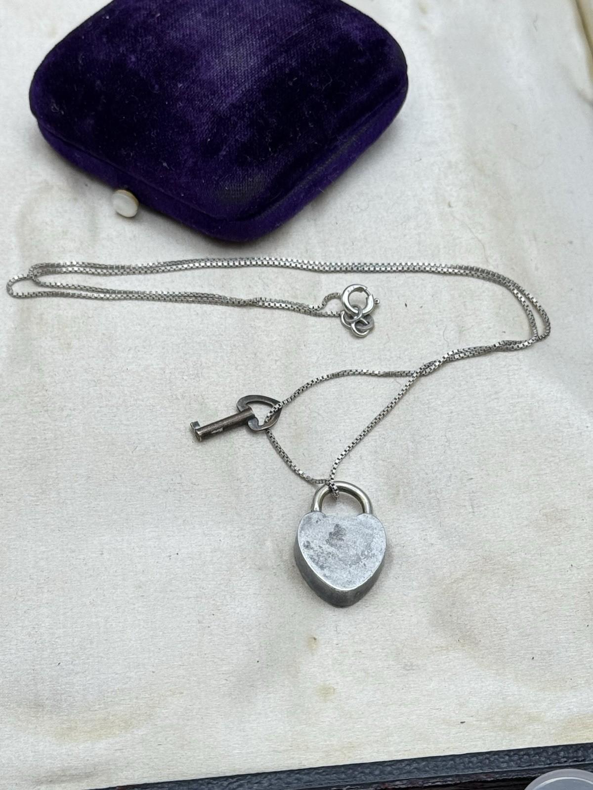 Antique Victorian Sterling Heart Padlock Locket Key 19” Sterling Chain Necklace