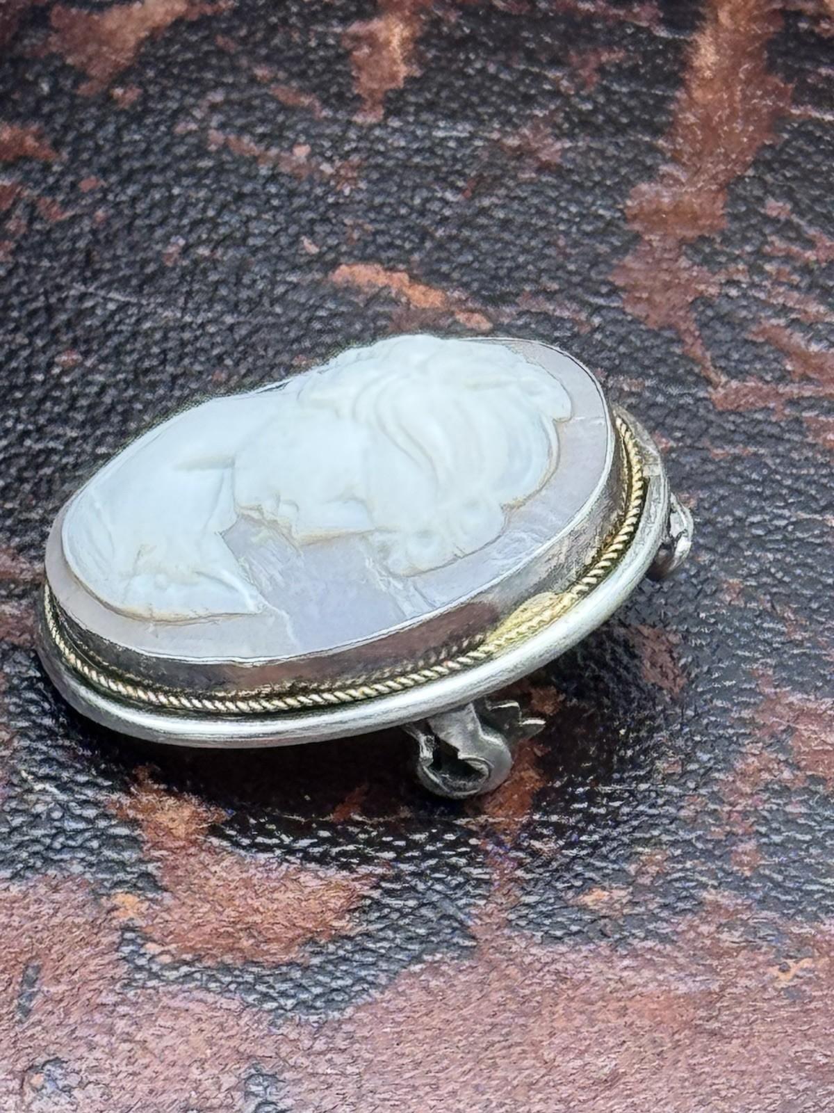 Vintage 800 Silver Shell Cameo Brooch Pendant Carved Lady Oval 1.1in x 0.75in