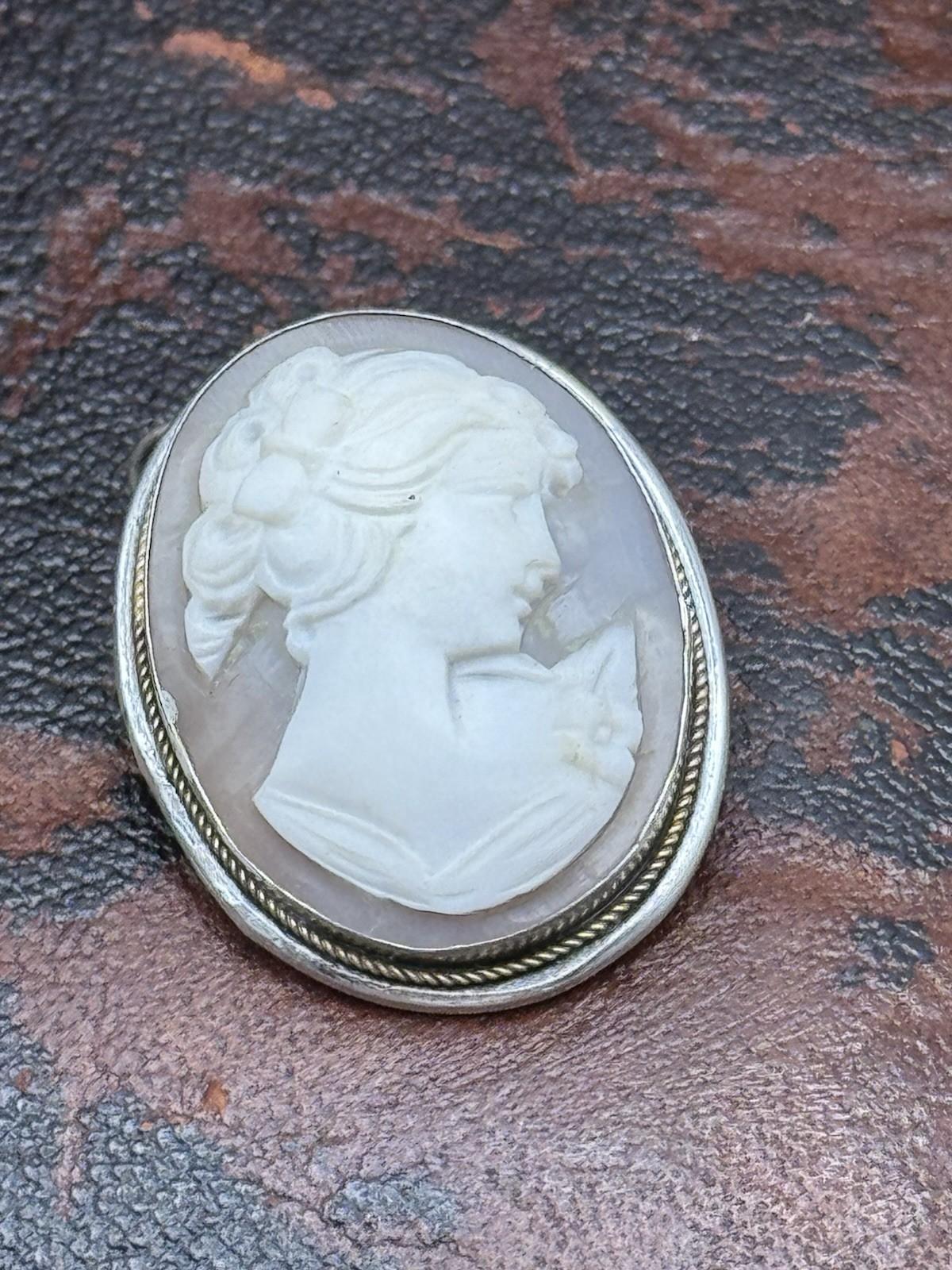 Vintage 800 Silver Shell Cameo Brooch Pendant Carved Lady Oval 1.1in x 0.75in