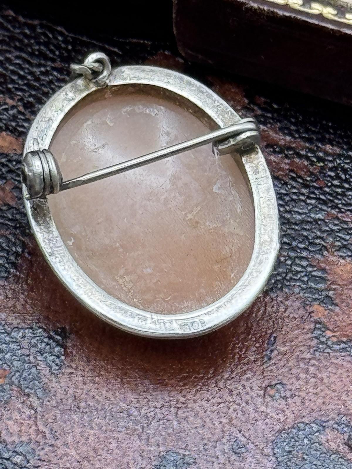 Vintage 800 Silver Shell Cameo Brooch Pendant Carved Lady Oval 1.1in x 0.75in