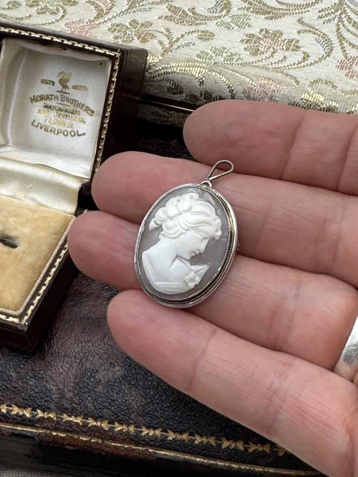 Vintage 800 Silver Shell Cameo Brooch Pendant Carved Lady Oval 1.1in x 0.75in