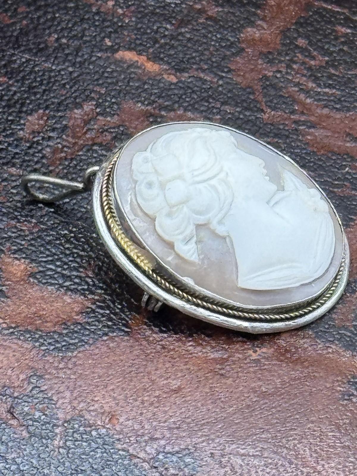 Vintage 800 Silver Shell Cameo Brooch Pendant Carved Lady Oval 1.1in x 0.75in