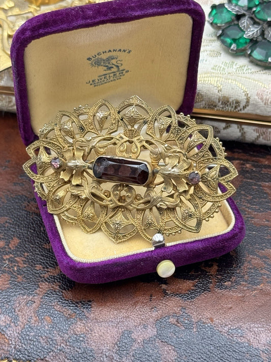 Antique Brass Sash Brooch Large Purple Glass Stone Filigree Victorian 2.75in