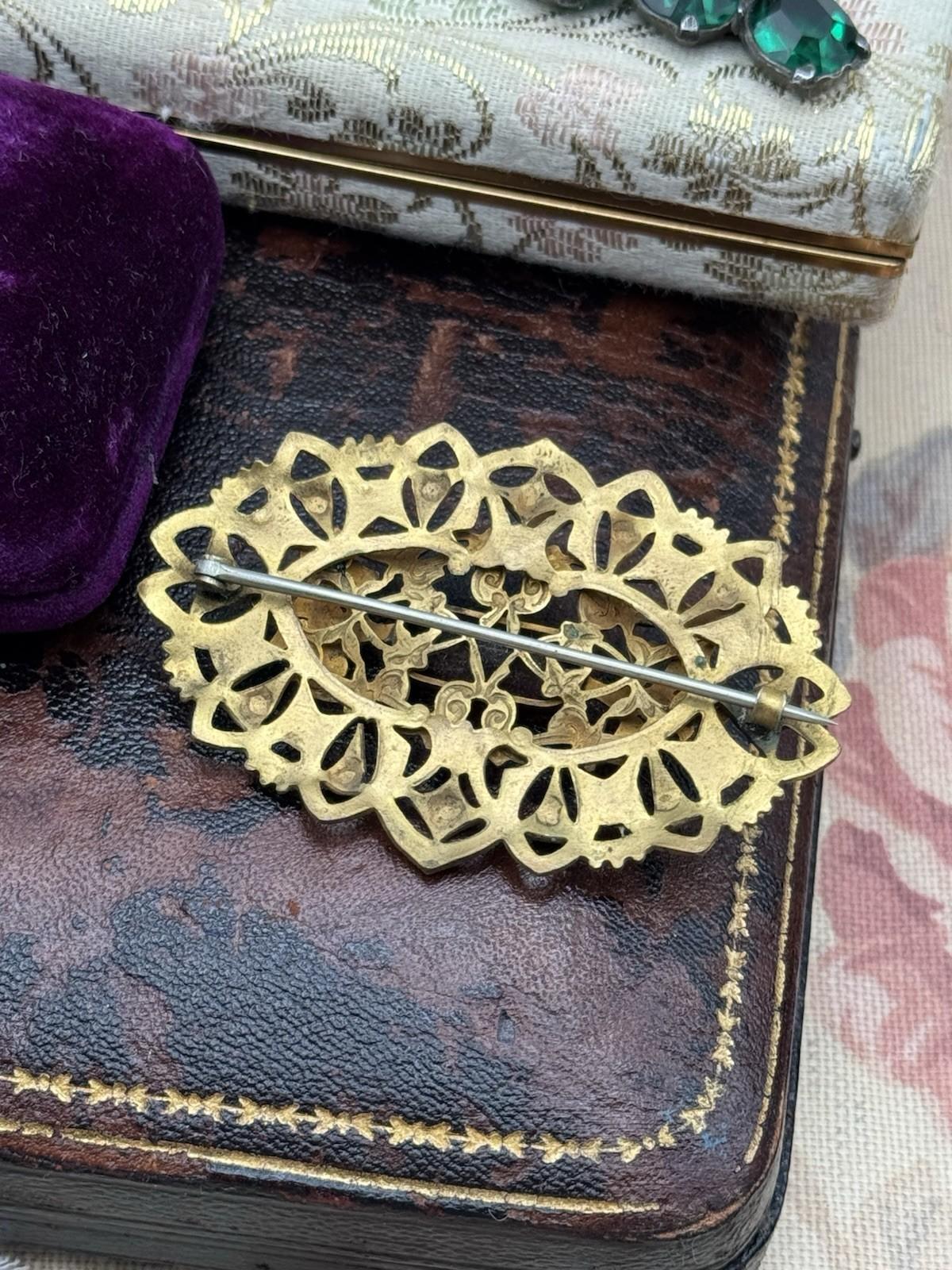 Antique Brass Sash Brooch Large Purple Glass Stone Filigree Victorian 2.75in